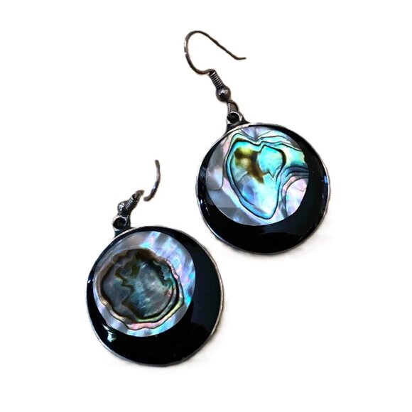 Vintage alpaca silver and abalone Mexico round dangle earrings - Picture 6 of 11